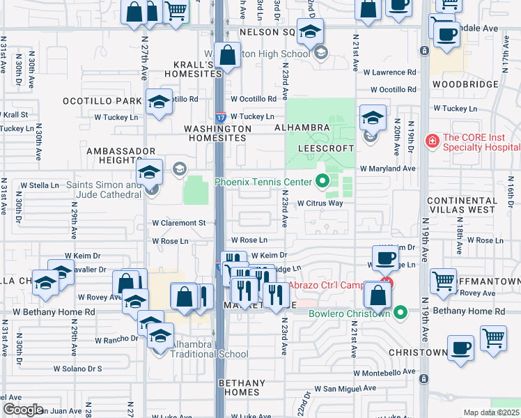 map of restaurants, bars, coffee shops, grocery stores, and more near 2330 West Marlette Avenue in Phoenix
