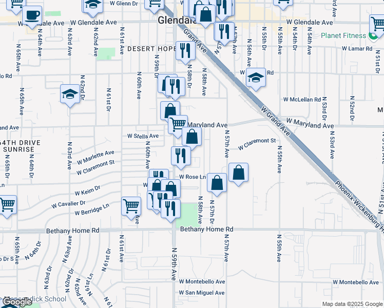 map of restaurants, bars, coffee shops, grocery stores, and more near 5825 West Citrus Way in Glendale