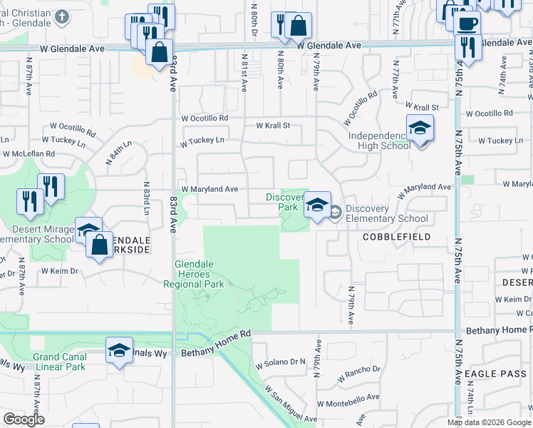 map of restaurants, bars, coffee shops, grocery stores, and more near 6410 North 79th Lane in Glendale