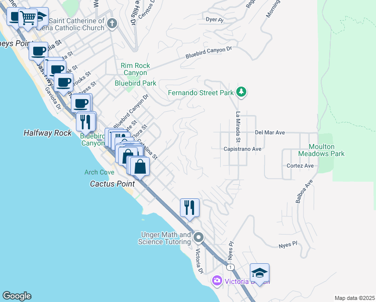 map of restaurants, bars, coffee shops, grocery stores, and more near 2361 Crestview Drive in Laguna Beach