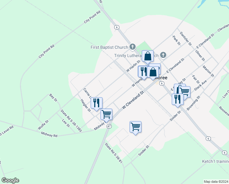 map of restaurants, bars, coffee shops, grocery stores, and more near 1045 West Harlin Street in Elloree
