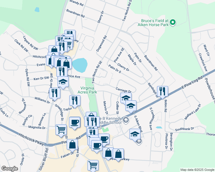 map of restaurants, bars, coffee shops, grocery stores, and more near 1038 Carriage Drive in Aiken
