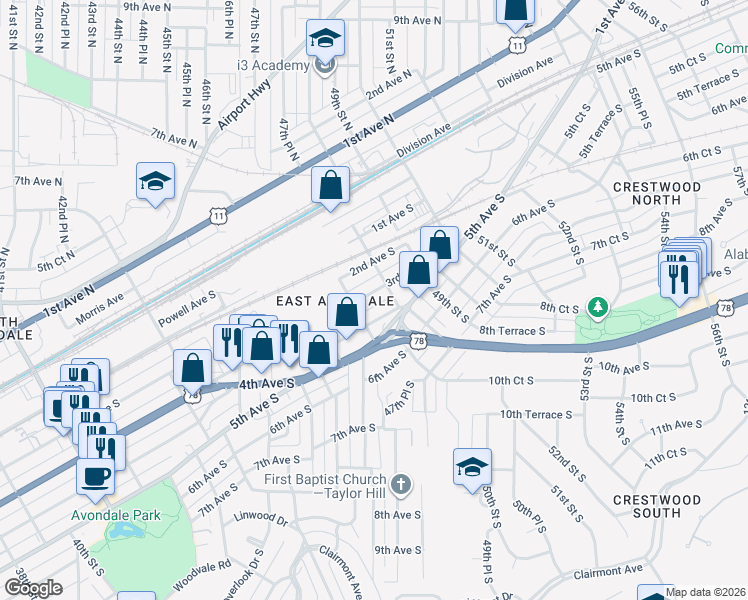 map of restaurants, bars, coffee shops, grocery stores, and more near 4721 3rd Avenue South in Birmingham