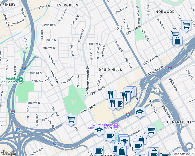 map of restaurants, bars, coffee shops, grocery stores, and more near 1224 21st Place North in Birmingham