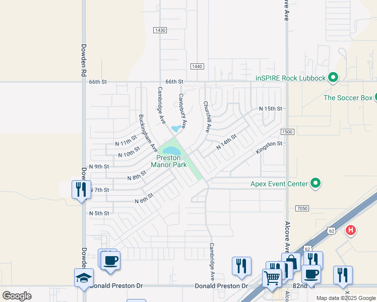 map of restaurants, bars, coffee shops, grocery stores, and more near 1406 Churchill Avenue in Wolfforth