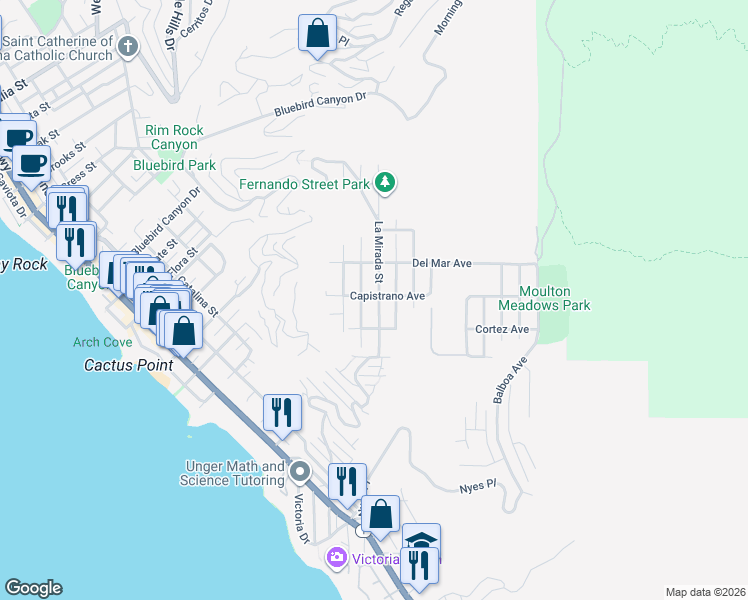 map of restaurants, bars, coffee shops, grocery stores, and more near 1005 Miramar Street in Laguna Beach