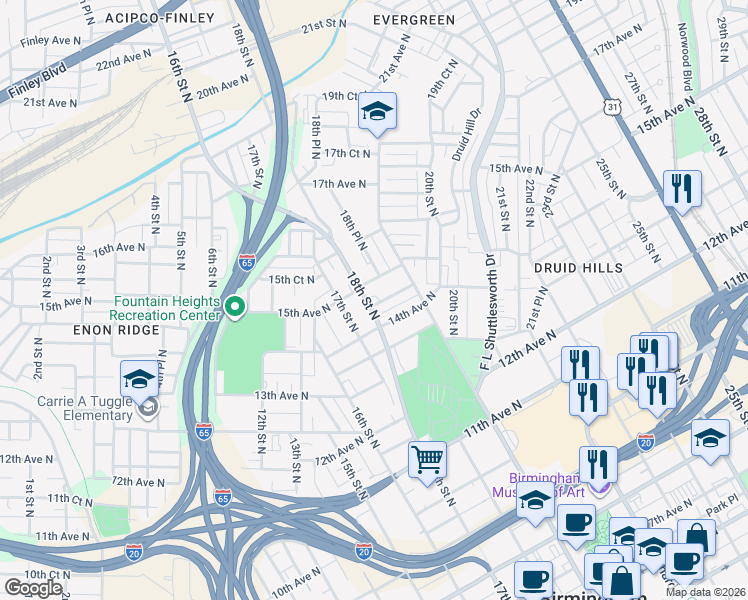 map of restaurants, bars, coffee shops, grocery stores, and more near 1802 14th Court North in Birmingham