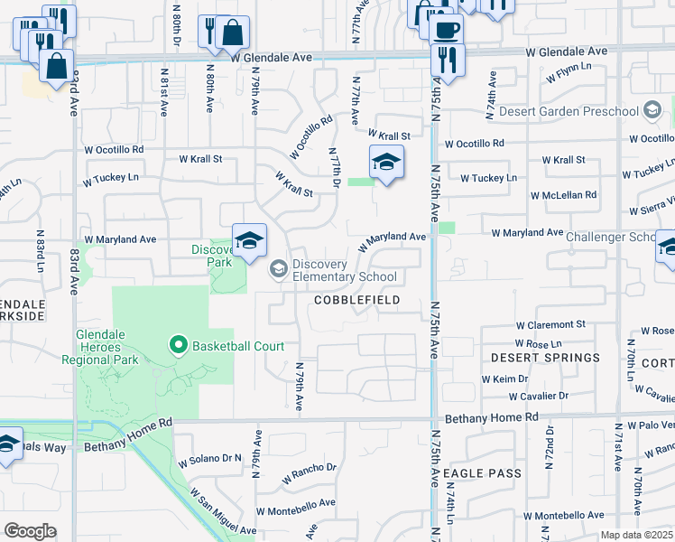 map of restaurants, bars, coffee shops, grocery stores, and more near 7715 West Griffin Avenue in Glendale