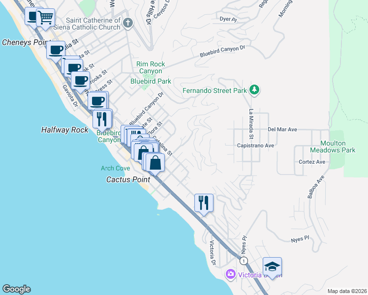 map of restaurants, bars, coffee shops, grocery stores, and more near 509 Diamond Street in Laguna Beach