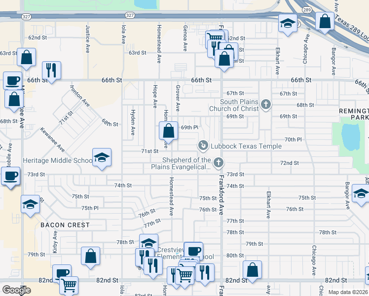 map of restaurants, bars, coffee shops, grocery stores, and more near 5914 71st Street in Lubbock