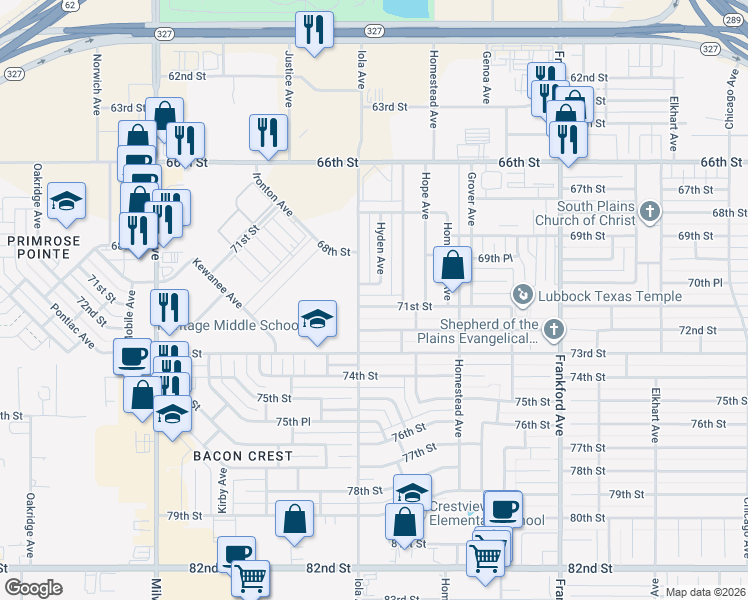 map of restaurants, bars, coffee shops, grocery stores, and more near 6034 71st Street in Lubbock