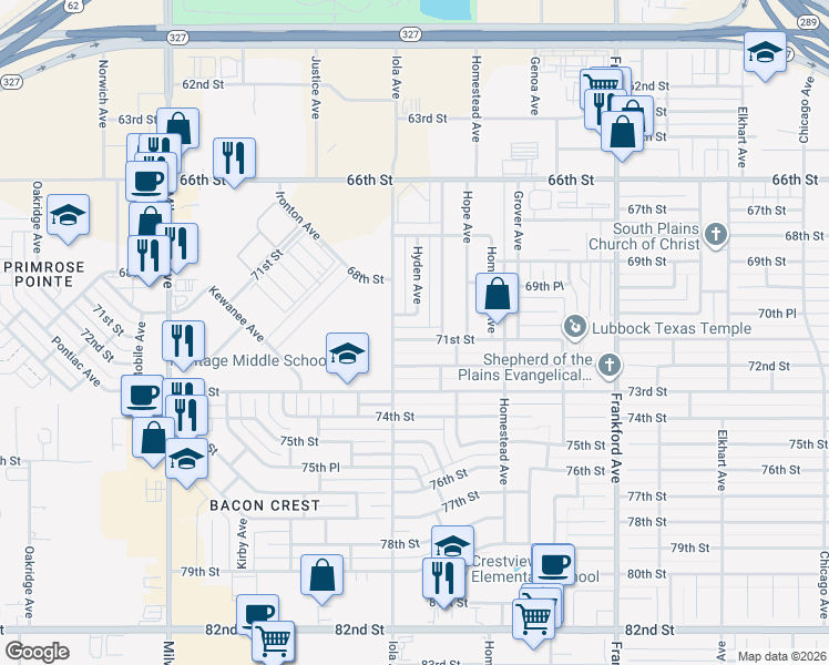 map of restaurants, bars, coffee shops, grocery stores, and more near 6034 71st Street in Lubbock