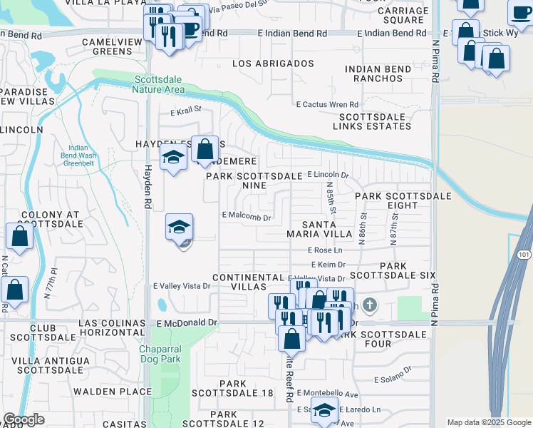 map of restaurants, bars, coffee shops, grocery stores, and more near 8320 East Malcomb Drive in Scottsdale