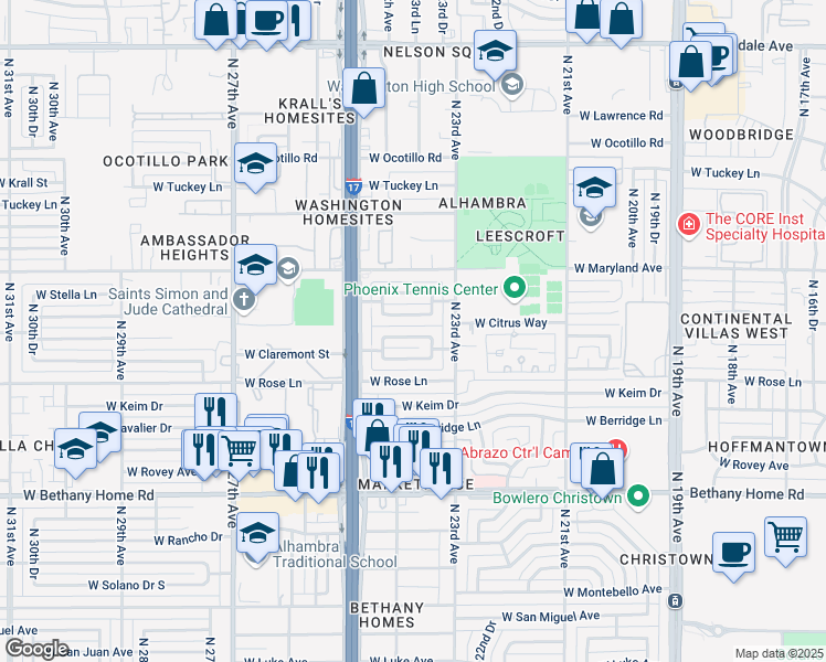 map of restaurants, bars, coffee shops, grocery stores, and more near 2330 West Marlette Avenue in Phoenix