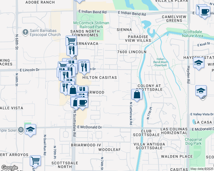 map of restaurants, bars, coffee shops, grocery stores, and more near 6311 North 74th Street in Scottsdale