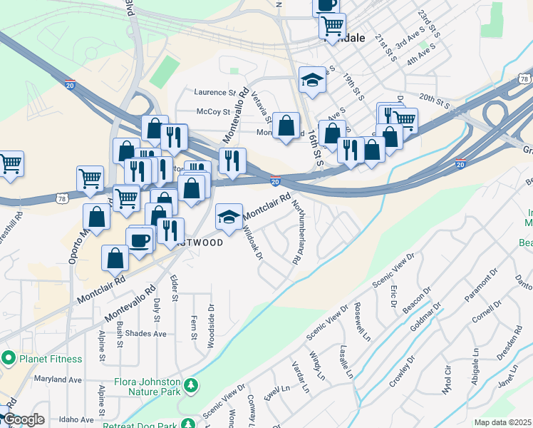map of restaurants, bars, coffee shops, grocery stores, and more near 1821 Montclair Road in Irondale