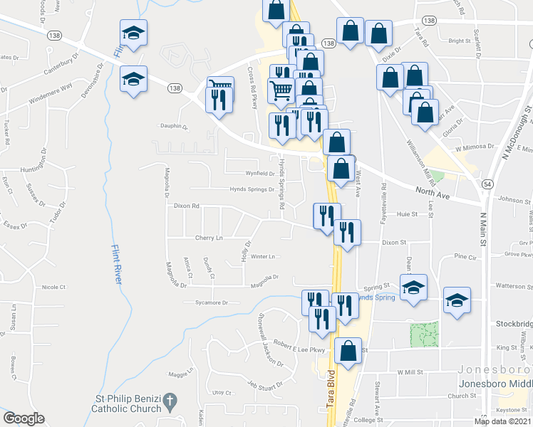 map of restaurants, bars, coffee shops, grocery stores, and more near 734 Dixon Road in Jonesboro