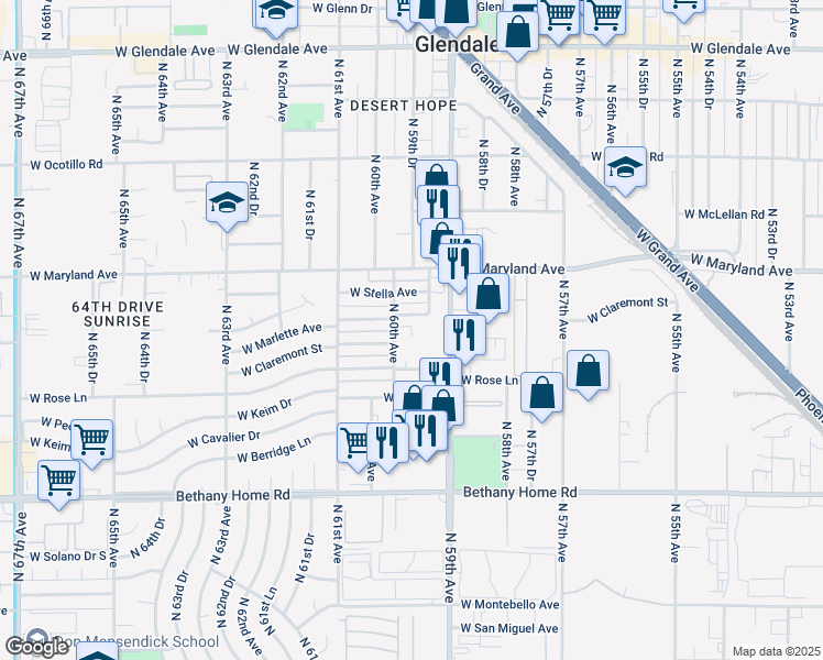 map of restaurants, bars, coffee shops, grocery stores, and more near 5941 West Marlette Avenue in Glendale