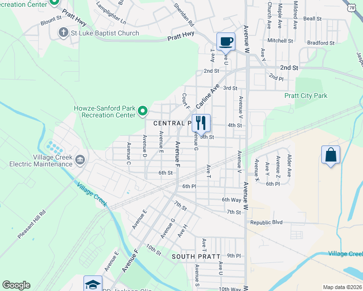 map of restaurants, bars, coffee shops, grocery stores, and more near 604 5th Place Pratt in Birmingham