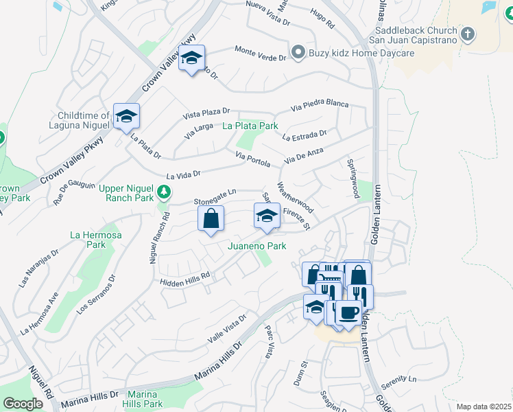 map of restaurants, bars, coffee shops, grocery stores, and more near 25082 Eaton Lane in Laguna Niguel