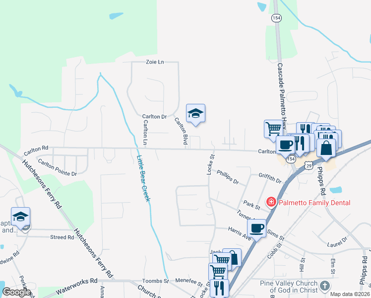 map of restaurants, bars, coffee shops, grocery stores, and more near 507 Carlton Road in Palmetto