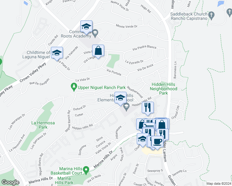 map of restaurants, bars, coffee shops, grocery stores, and more near 25082 Eaton Lane in Laguna Niguel