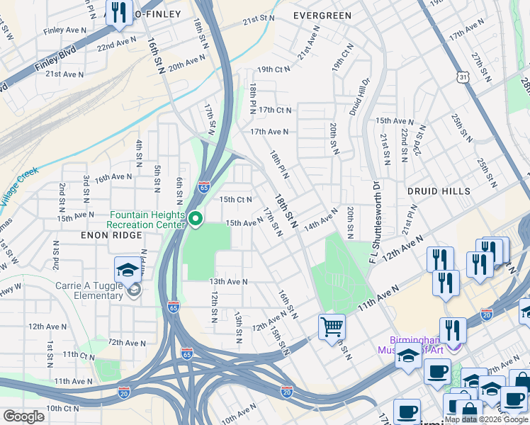 map of restaurants, bars, coffee shops, grocery stores, and more near 1630 15th Avenue North in Birmingham