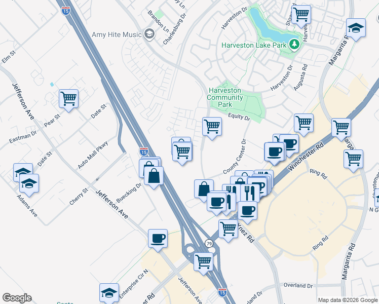 map of restaurants, bars, coffee shops, grocery stores, and more near 40418 Via Cava in Temecula