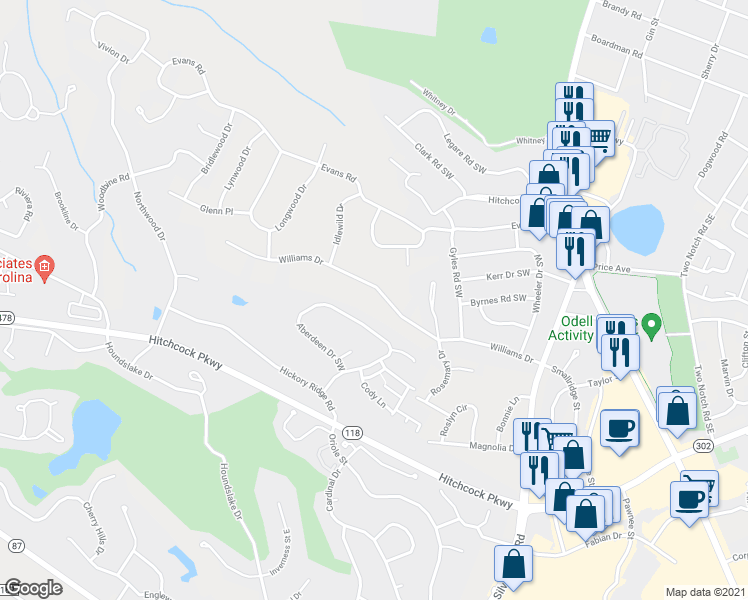 map of restaurants, bars, coffee shops, grocery stores, and more near 1127 Williams Drive in Aiken