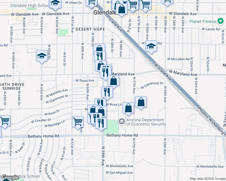 map of restaurants, bars, coffee shops, grocery stores, and more near 5825 West Citrus Way in Glendale