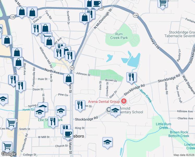 map of restaurants, bars, coffee shops, grocery stores, and more near 126 Irvin Street in Jonesboro