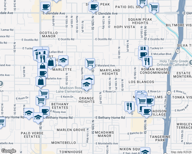 map of restaurants, bars, coffee shops, grocery stores, and more near 6301 North 12th Street in Phoenix