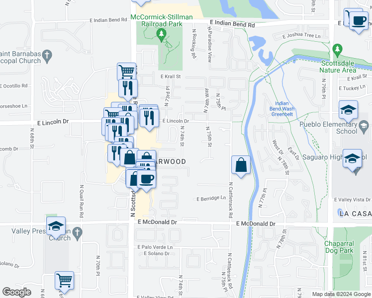 map of restaurants, bars, coffee shops, grocery stores, and more near 6311 North 74th Street in Scottsdale