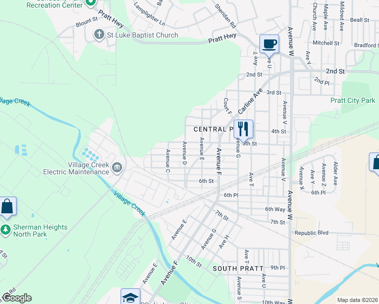 map of restaurants, bars, coffee shops, grocery stores, and more near 404 5th Place Pratt in Birmingham