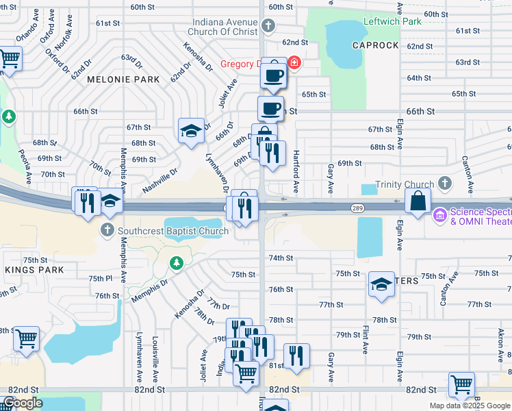 map of restaurants, bars, coffee shops, grocery stores, and more near Texas 289 Loop in Lubbock