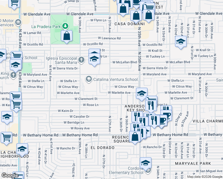 map of restaurants, bars, coffee shops, grocery stores, and more near 6307 North 37th Avenue in Phoenix