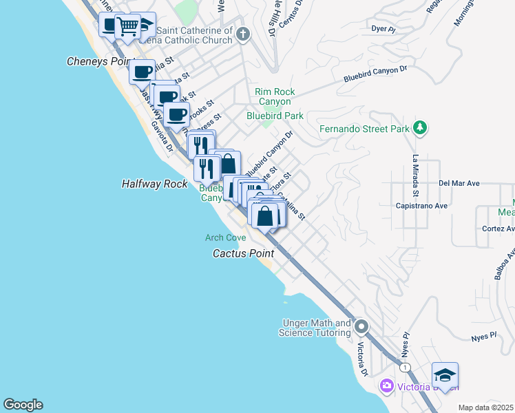 map of restaurants, bars, coffee shops, grocery stores, and more near 1759 Glenneyre Street in Laguna Beach