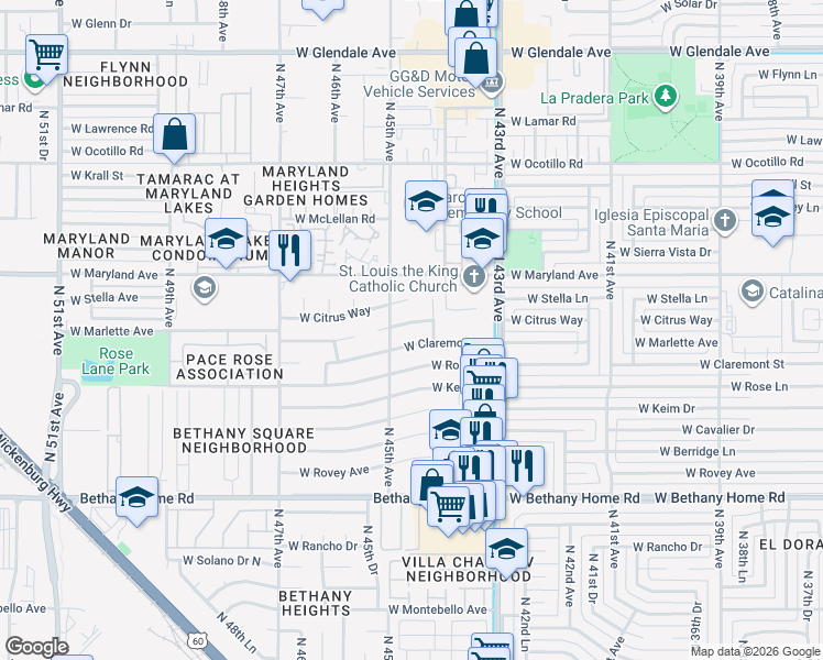 map of restaurants, bars, coffee shops, grocery stores, and more near 4419 West Marlette Avenue in Glendale