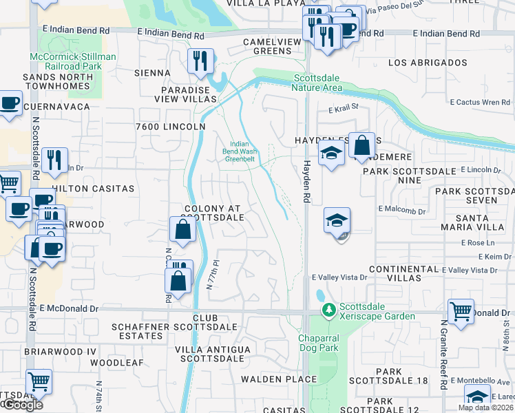 map of restaurants, bars, coffee shops, grocery stores, and more near 6349 North 78th Street in Scottsdale