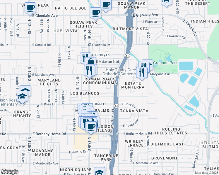 map of restaurants, bars, coffee shops, grocery stores, and more near 6408 North 17th Place in Phoenix