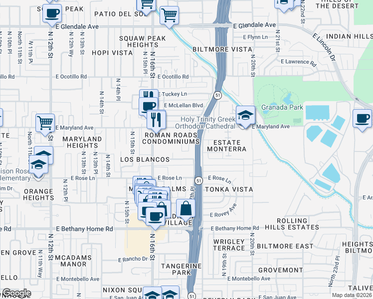 map of restaurants, bars, coffee shops, grocery stores, and more near 1740 East Claremont Street in Phoenix