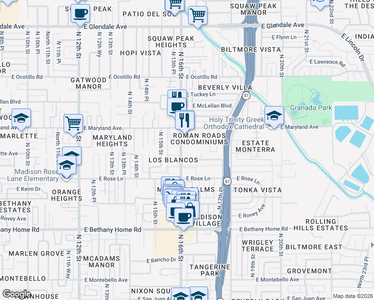 map of restaurants, bars, coffee shops, grocery stores, and more near 6315 North 16th Street in Phoenix