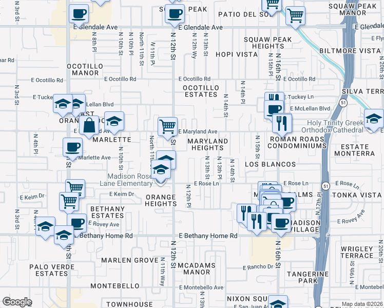map of restaurants, bars, coffee shops, grocery stores, and more near 1255A East Maryland Avenue in Phoenix