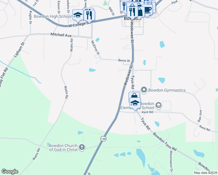 map of restaurants, bars, coffee shops, grocery stores, and more near 652 Wedowee Street in Bowdon