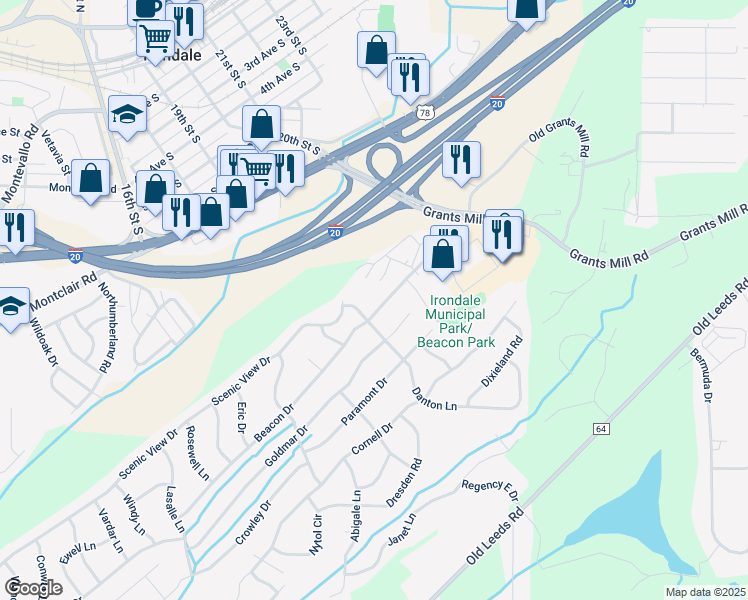 map of restaurants, bars, coffee shops, grocery stores, and more near 5308 Beacon Drive in Irondale