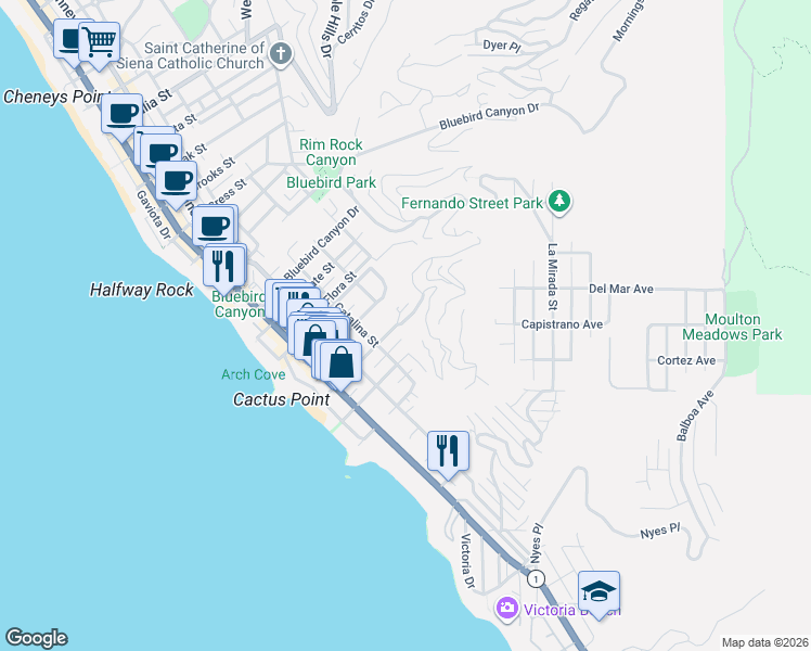 map of restaurants, bars, coffee shops, grocery stores, and more near 509 Diamond Street in Laguna Beach