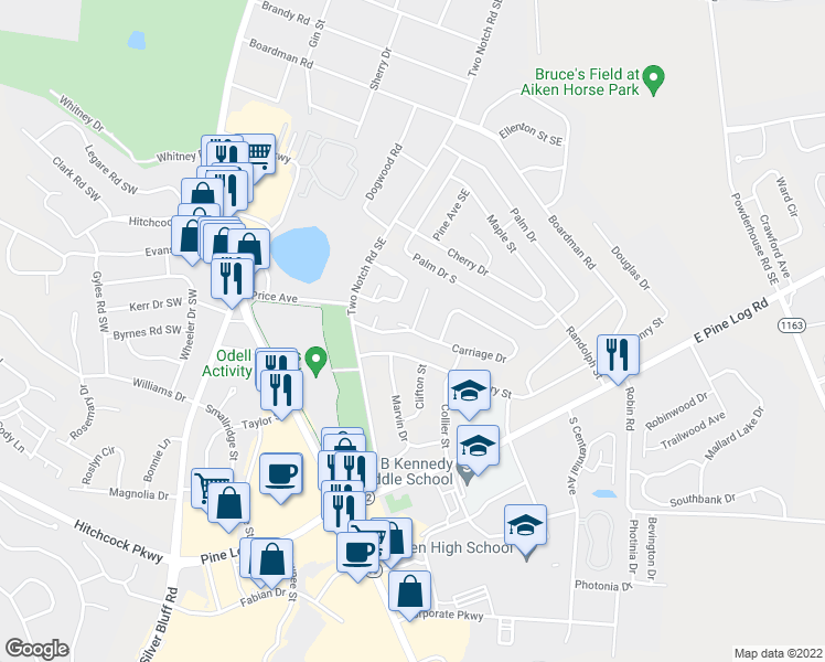 map of restaurants, bars, coffee shops, grocery stores, and more near 1 Nancy Lane in Aiken