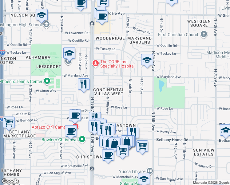 map of restaurants, bars, coffee shops, grocery stores, and more near 1728 West Marlette Avenue in Phoenix