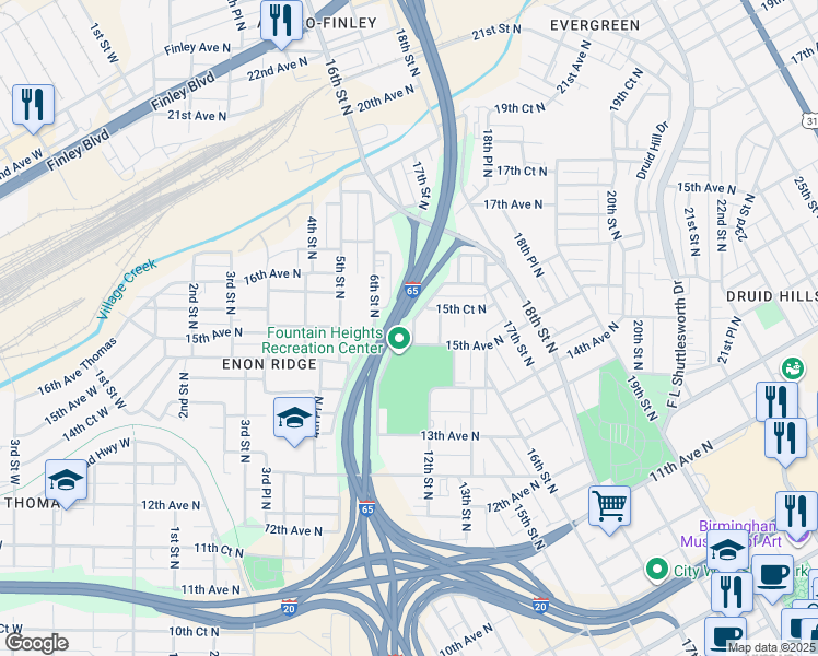 map of restaurants, bars, coffee shops, grocery stores, and more near 1514 11th Street North in Birmingham
