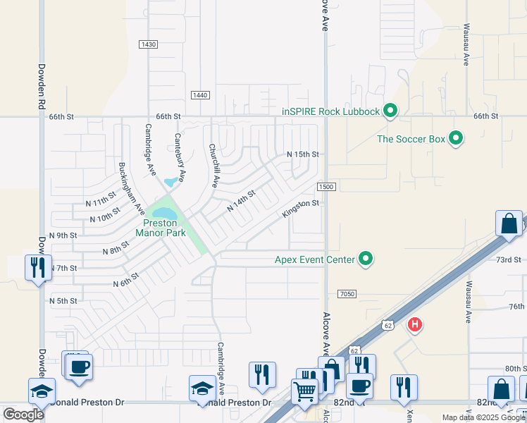 map of restaurants, bars, coffee shops, grocery stores, and more near 1301 Dover Lane in Wolfforth